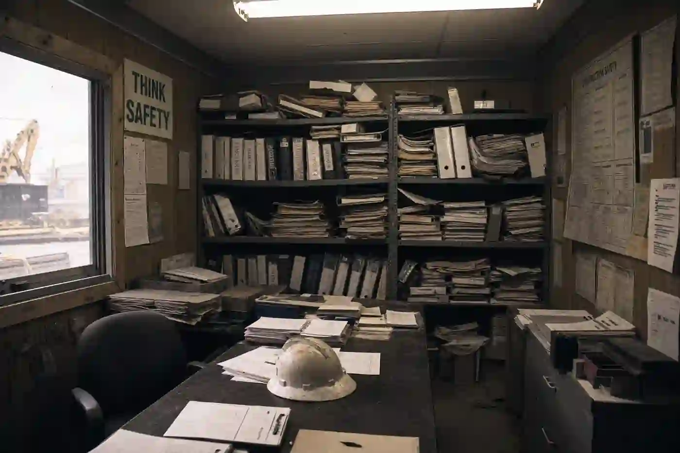 A construction site office shelf overflowing with disorganized safety binders and paperwork.