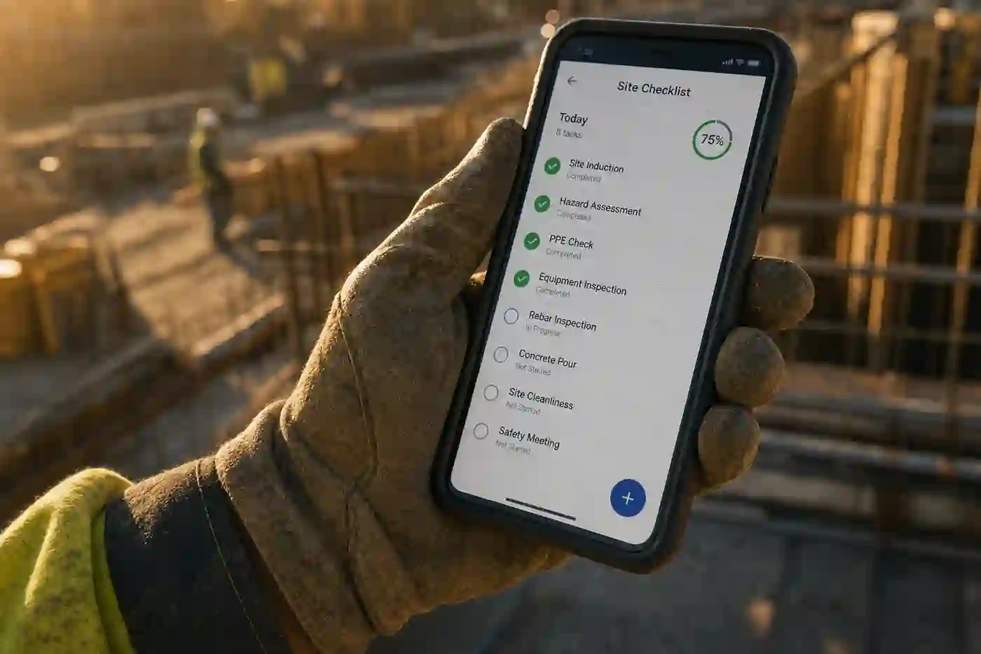 A gloved hand holding a phone showing a site safety checklist on a construction site.